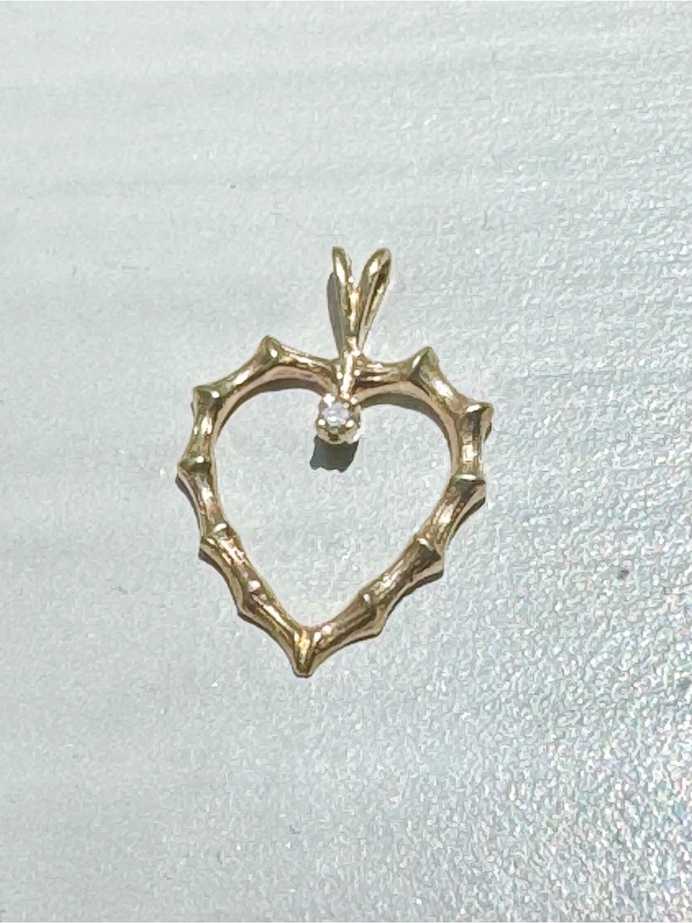 Vintage Delicate Gold 14K Heart Bamboo Pendant Necklace Charm with Diamond